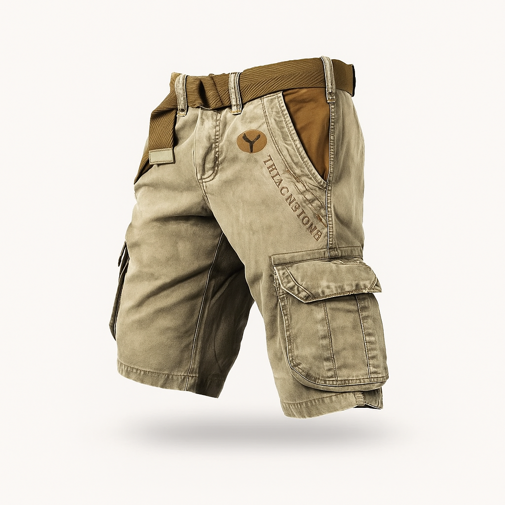 Men's stretch cargo shorts in neutral tone, relaxed fit with multi-pocket design for hiking and outdoor use