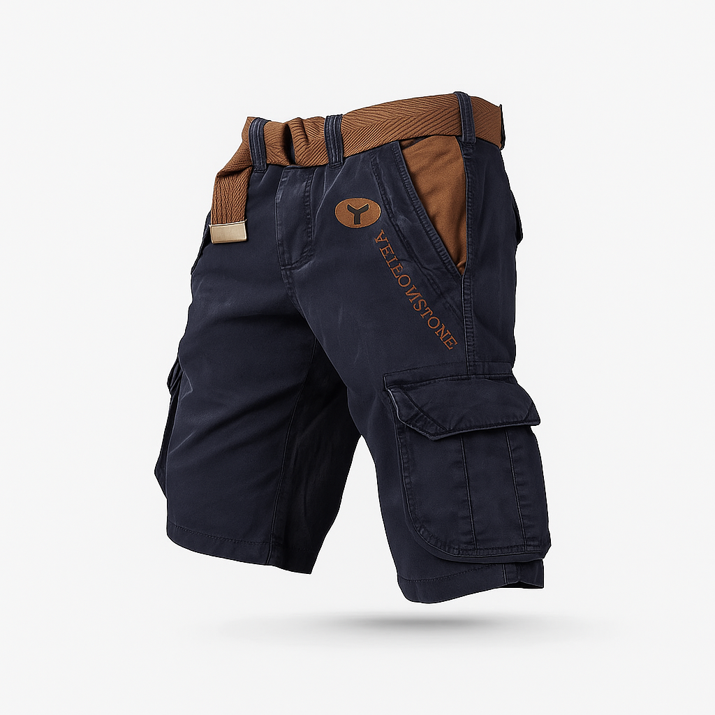 Men's stretch cargo shorts in neutral tone, relaxed outdoor fit with multi-pocket design for hiking