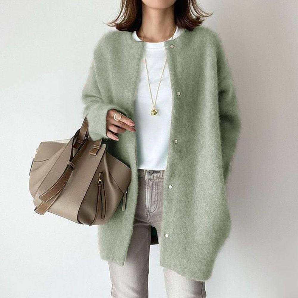 Women's fuzzy knit oversized cardigan in cozy thigh-length style with snap button closure