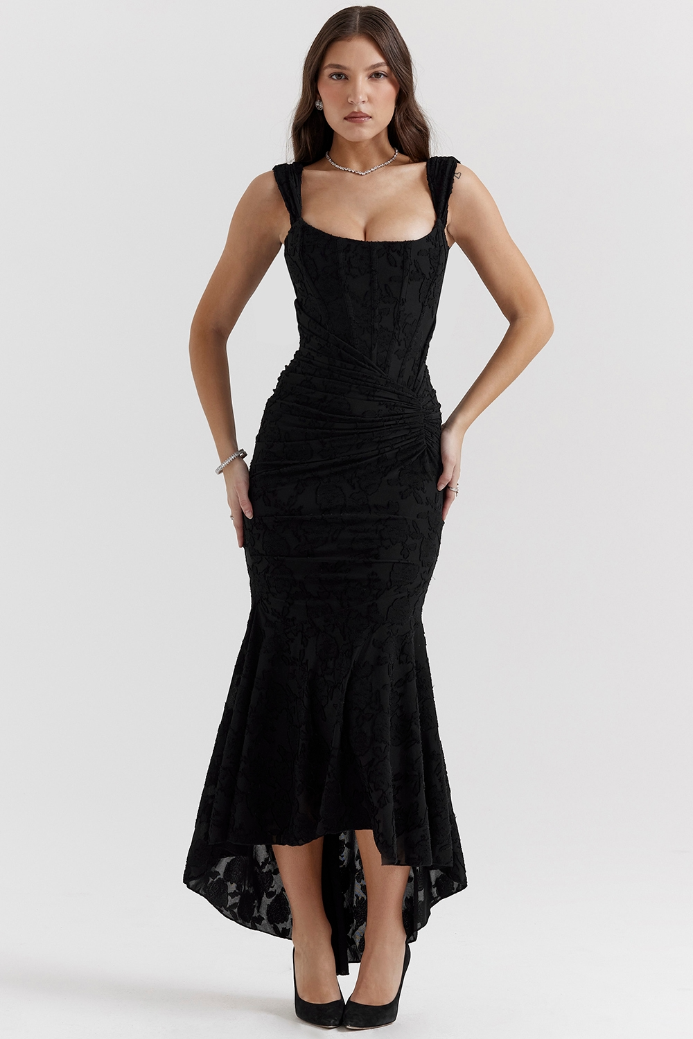 Ivory lace corset maxi dress with ruched waist, fitted bodice and romantic high-low hem