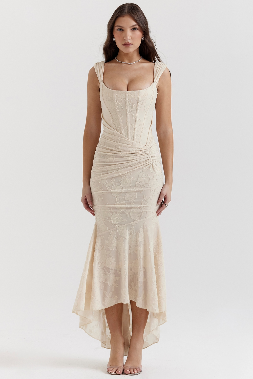 Ivory lace corset maxi dress with ruched waist, fitted bodice and romantic high-low hem