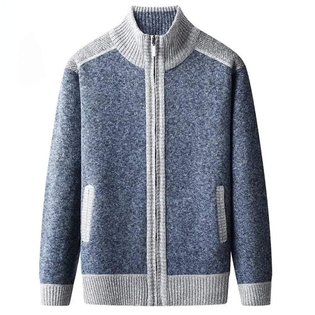 Men's textured knit zip-up cardigan with high collar, full zip closure, and side pockets in classic style