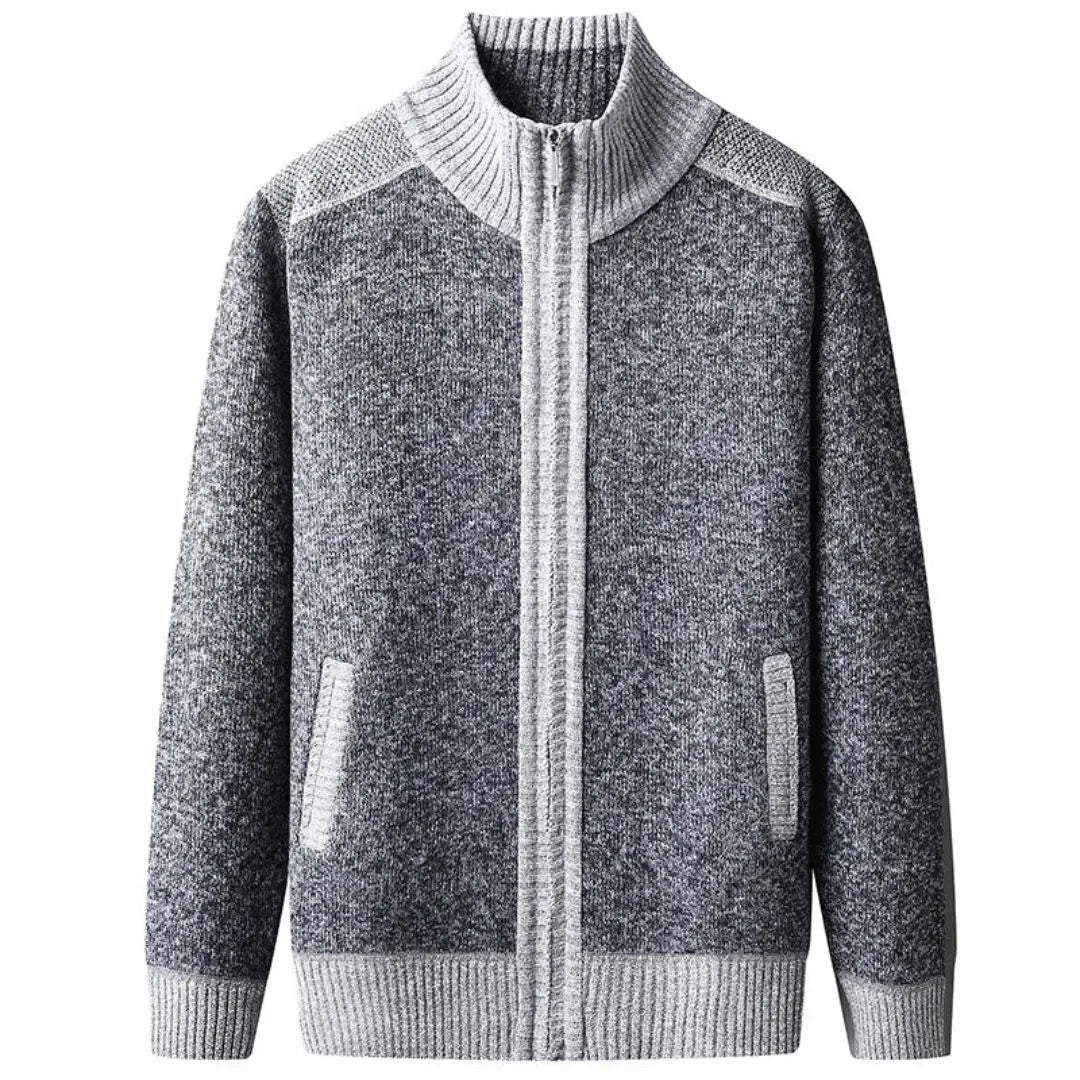 Men's textured knit zip-up cardigan with high collar, ribbed detailing, full zip closure and pockets