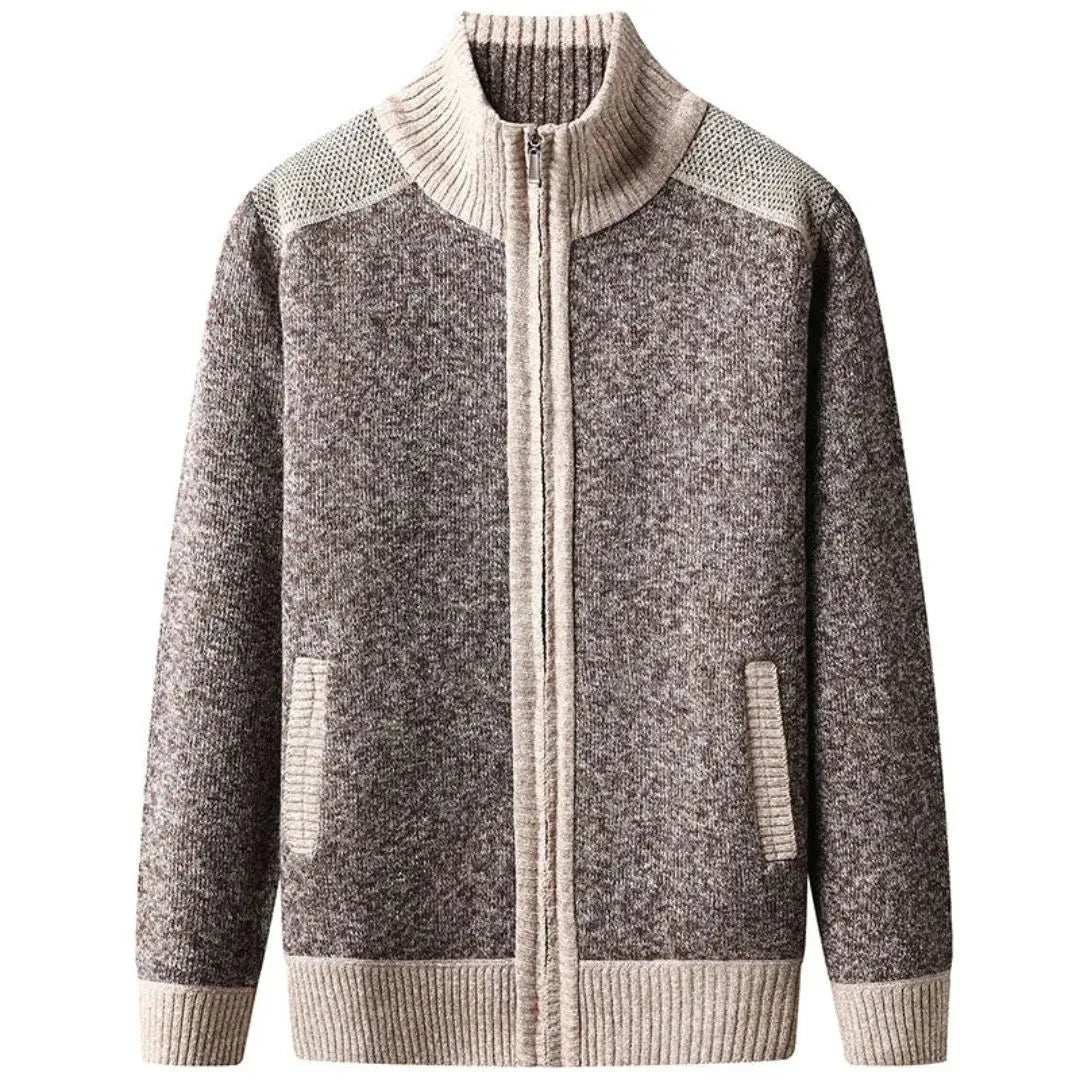 Men's textured knit zip-up cardigan with high collar, ribbed detailing, full zip closure and side pockets