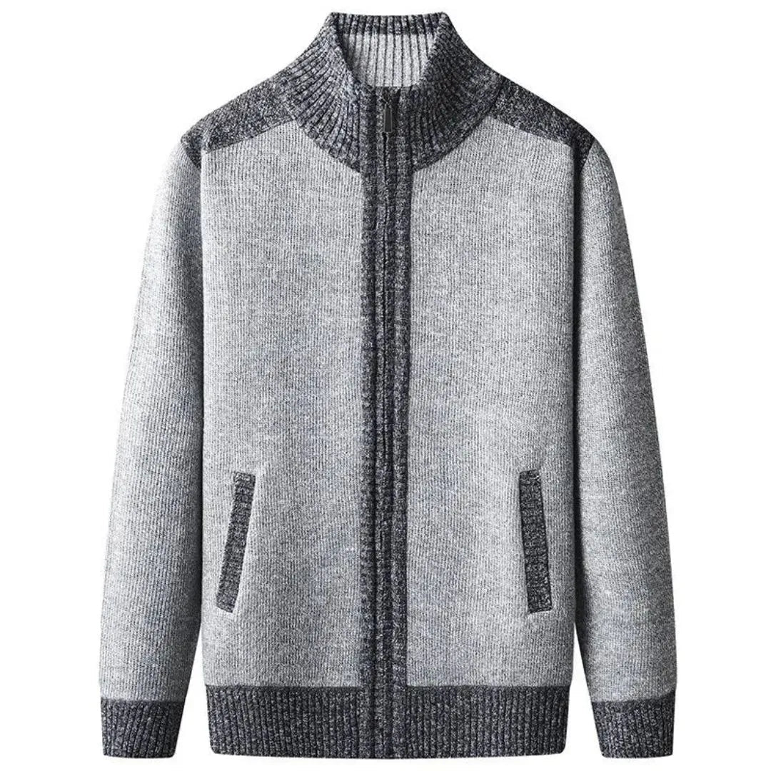 Men's textured knit zip-up cardigan with high collar, ribbed detailing, full zip closure and side pockets