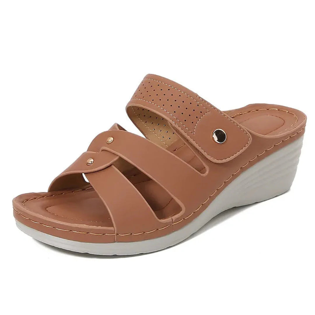 Tan PU leather wedge sandals with rivet strap detail, open toe, casual summer comfort style