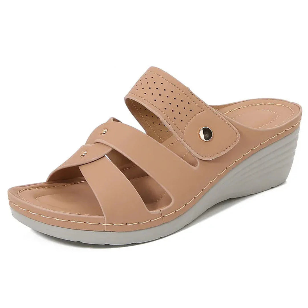 Beige PU leather wedge sandals with rivet strap detail, open toe, casual summer style for women
