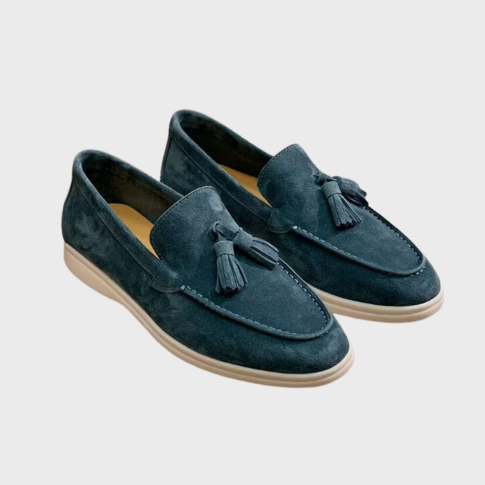 Men's black slip-on dress loafers with sleek silhouette and cushioned insole for all-day comfort