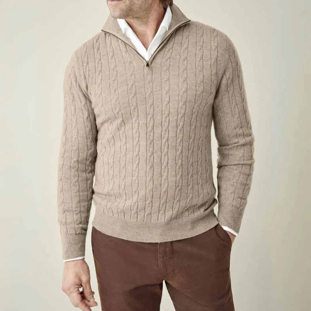 Men's beige cable knit quarter zip sweater with textured pattern and premium soft layering fit