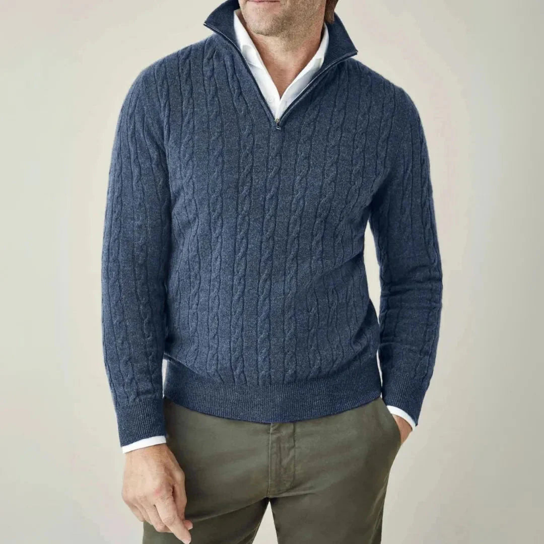 Men's cream cable knit quarter-zip sweater with textured pattern and premium soft layering fit