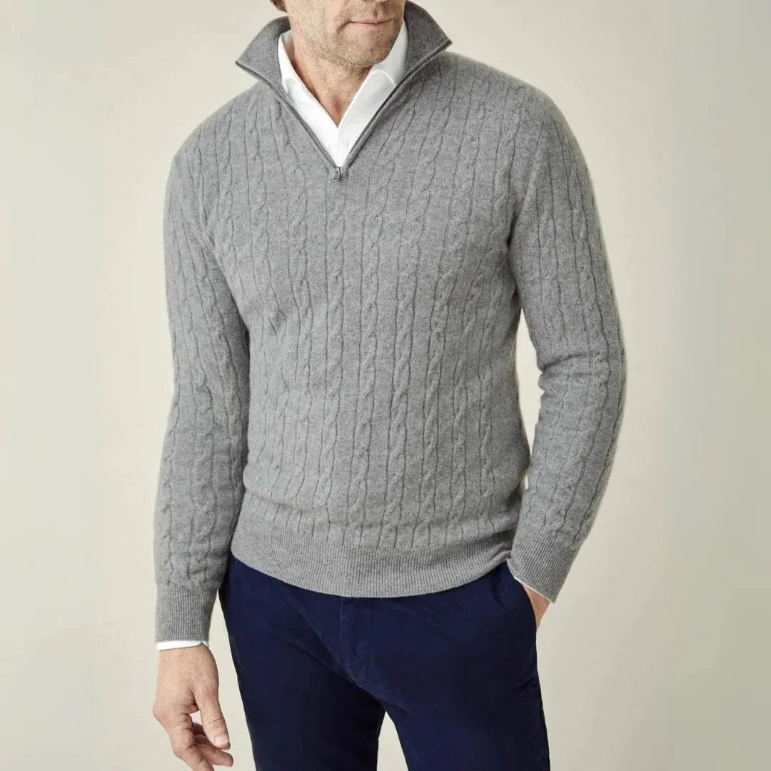 Men's cream cable knit quarter-zip sweater with textured pattern and slim fit layering