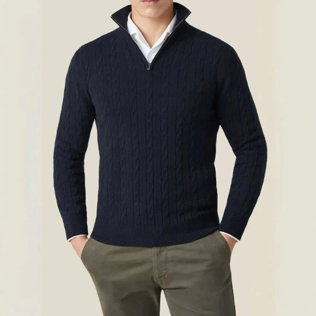 Men's cable knit quarter zip sweater in premium soft yarn, warm layering essential with textured finish