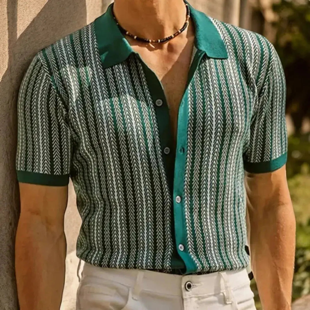Carlo Mancini slim-fit white herringbone organic cotton button-down polo shirt for office