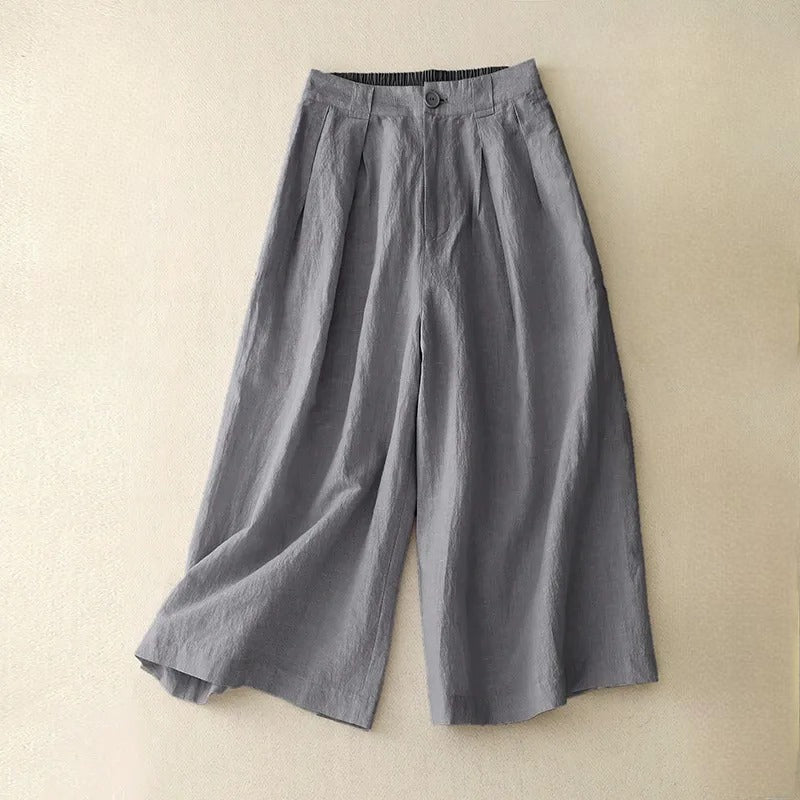 Women's wide-leg cropped linen pants high-rise button front hidden elastic waist flowing silhouette
