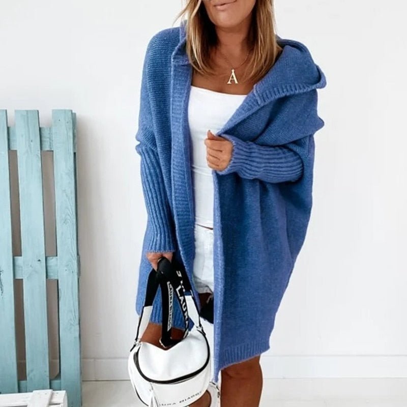 Women's oversized hooded knit cardigan open front cozy chunky ribbed fall winter essential