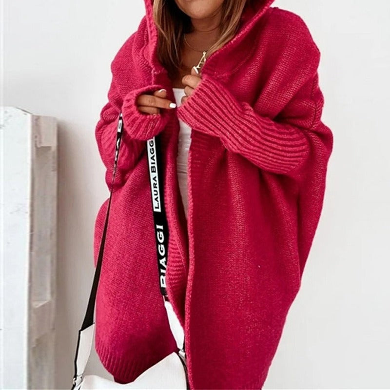 Women's ivory hooded knit cardigan relaxed silhouette thick plush cozy elegant warmth