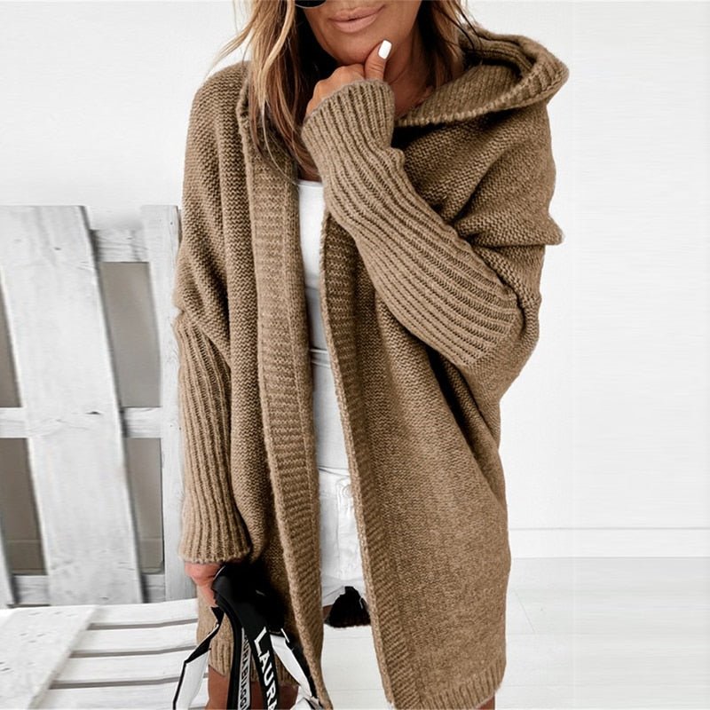 Women's oversized hooded knit cardigan open front cozy warm fall essential in neutral tones