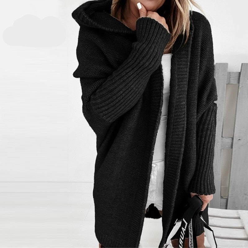 Women's oversized hooded knit cardigan open front cozy warm fall essential in neutral tones