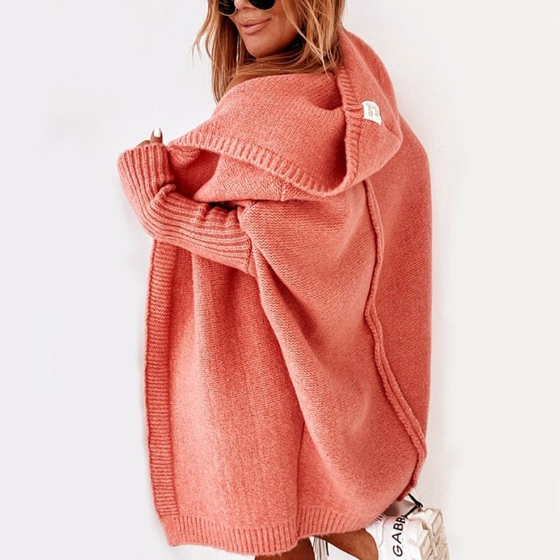 Women's oversized hooded knit cardigan open front cozy warm fall winter essential neutral tones