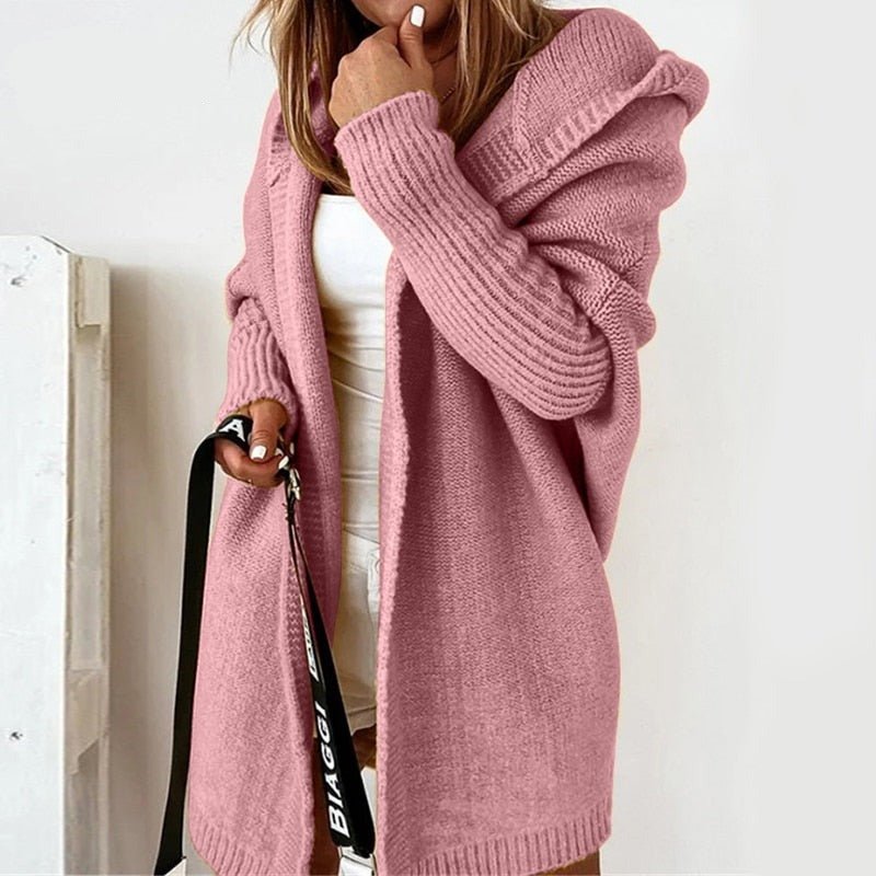 Women's hooded knit cardigan cozy relaxed fit with thick plush fabric for everyday warmth
