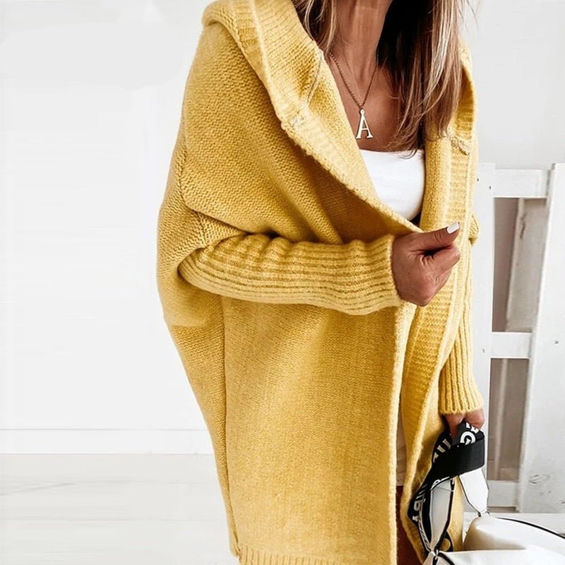 Women's oversized hooded knit cardigan open front cozy warm fall winter essential neutral tones