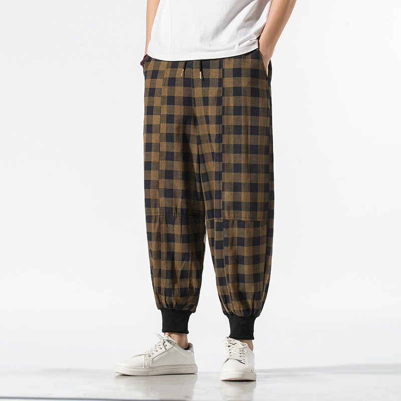 Tapered cotton flannel joggers in bold check pattern with ribbed cuffs for vintage casual comfort