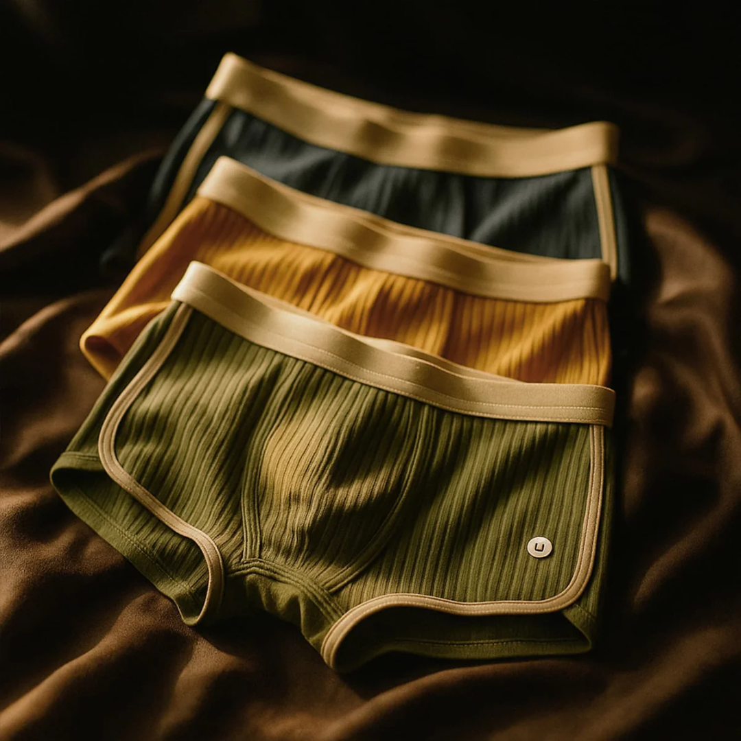 Men's organic rib knit cotton boxer brief set in neutral tones with contoured pouch and stay-put waistband