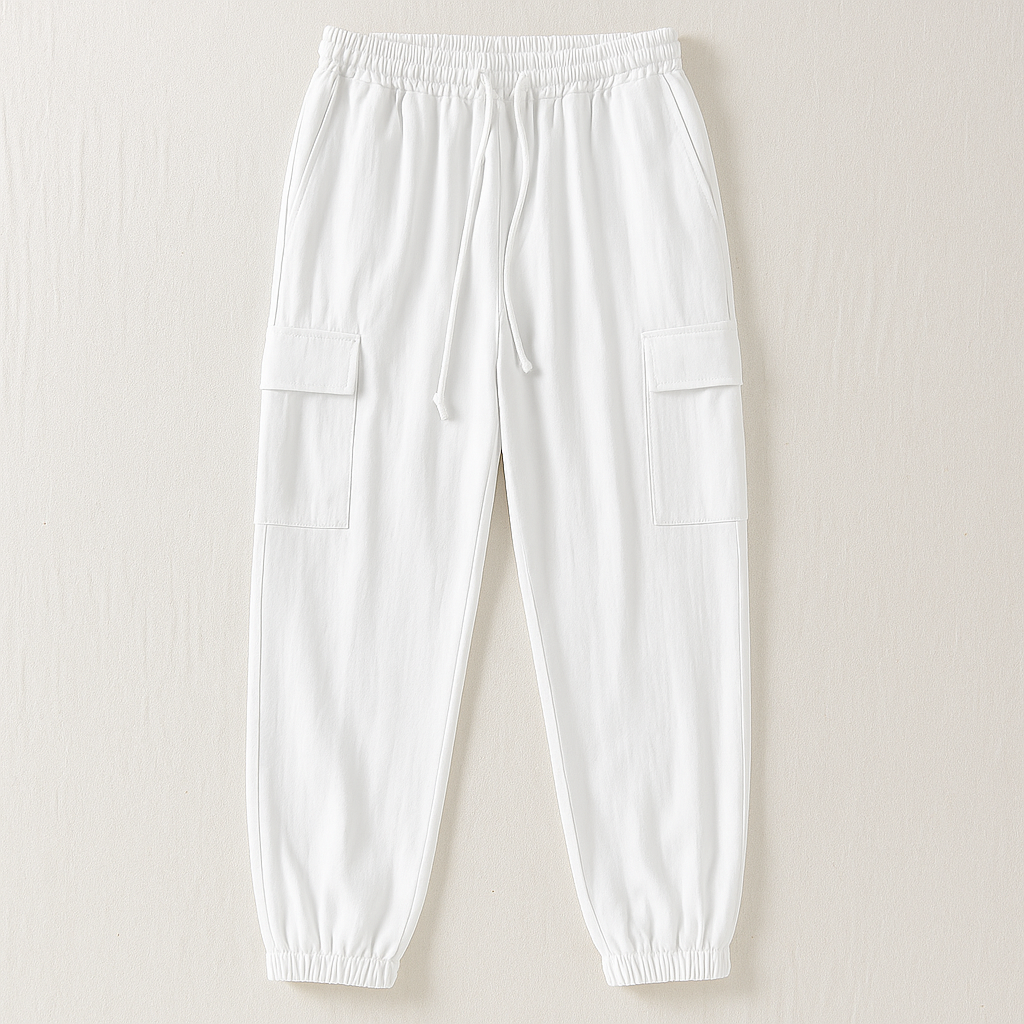 Beige linen cargo pants lightweight breathable elastic waistband with multiple utility pockets