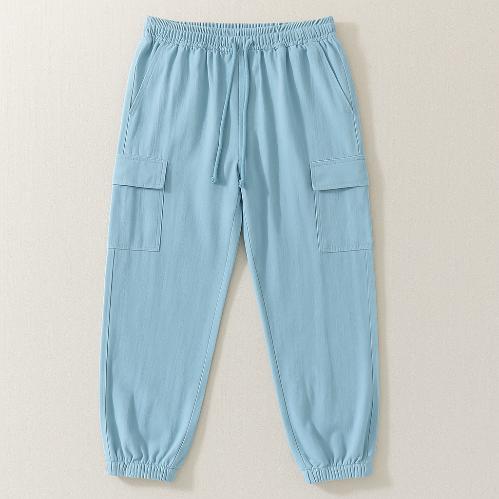 Beige linen cargo pants lightweight breathable elastic waistband with multiple utility pockets