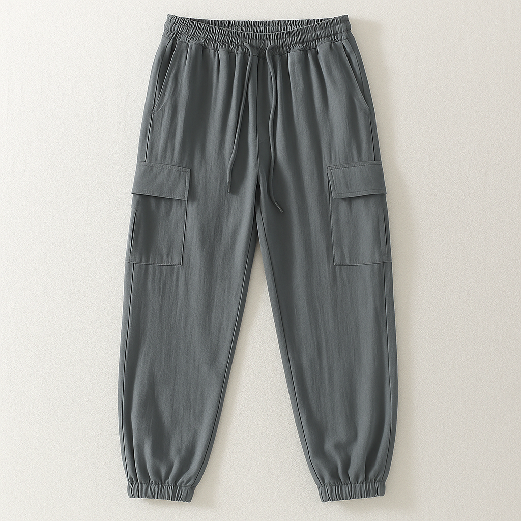 Beige linen cargo pants relaxed fit with elastic drawcord waistband and functional cargo pockets
