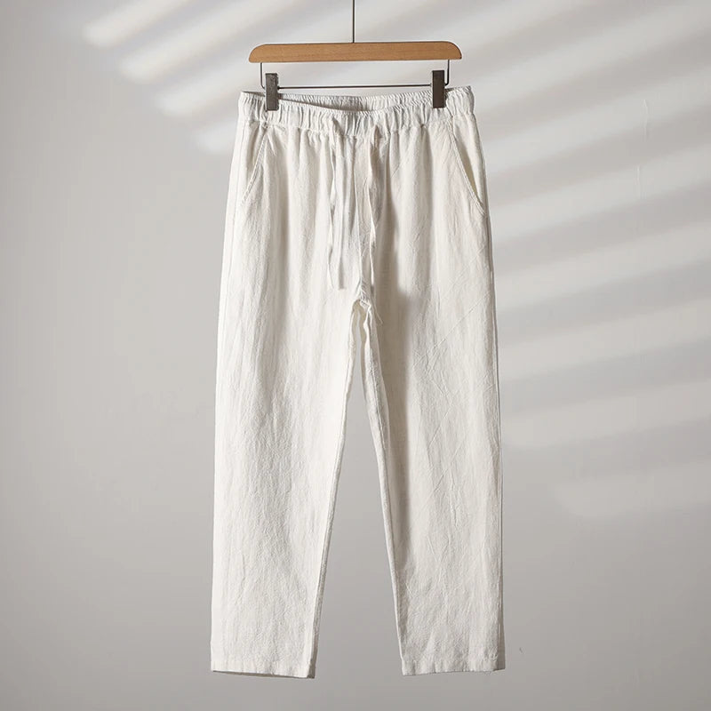 Unisex tapered linen-cotton blend pants with adjustable tie waist for all-day breathable comfort