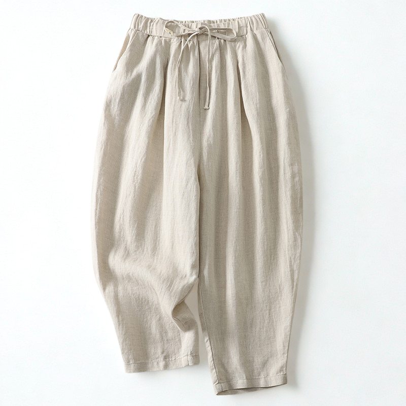 Women's relaxed linen pants breathable natural fabric drawstring waist casual smart style