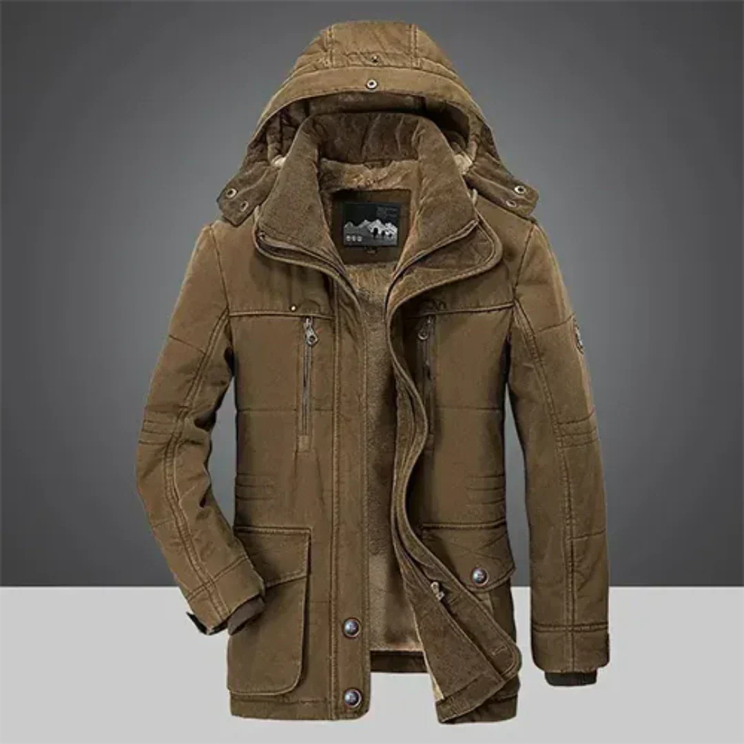 Men's hooded puffer jacket with lined interior, full-zip cold-weather outerwear for outdoor adventures