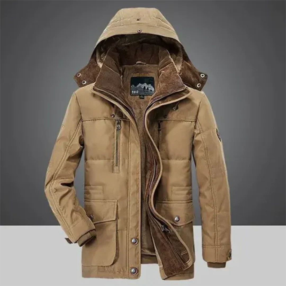 Men's hooded puffer jacket with lined interior, full-zip cold-weather outdoor style