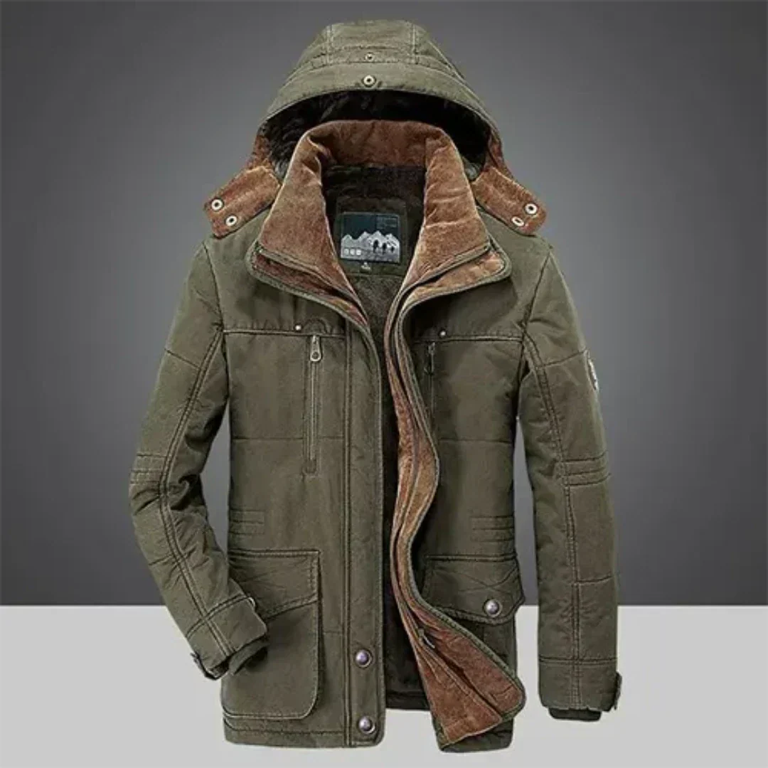 Men's hooded puffer jacket with lined interior, full-zip cold-weather outerwear for outdoor adventures