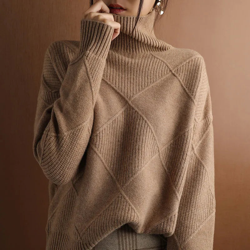 Women's ivory textured knit turtleneck sweater relaxed fit with raised geometric pattern