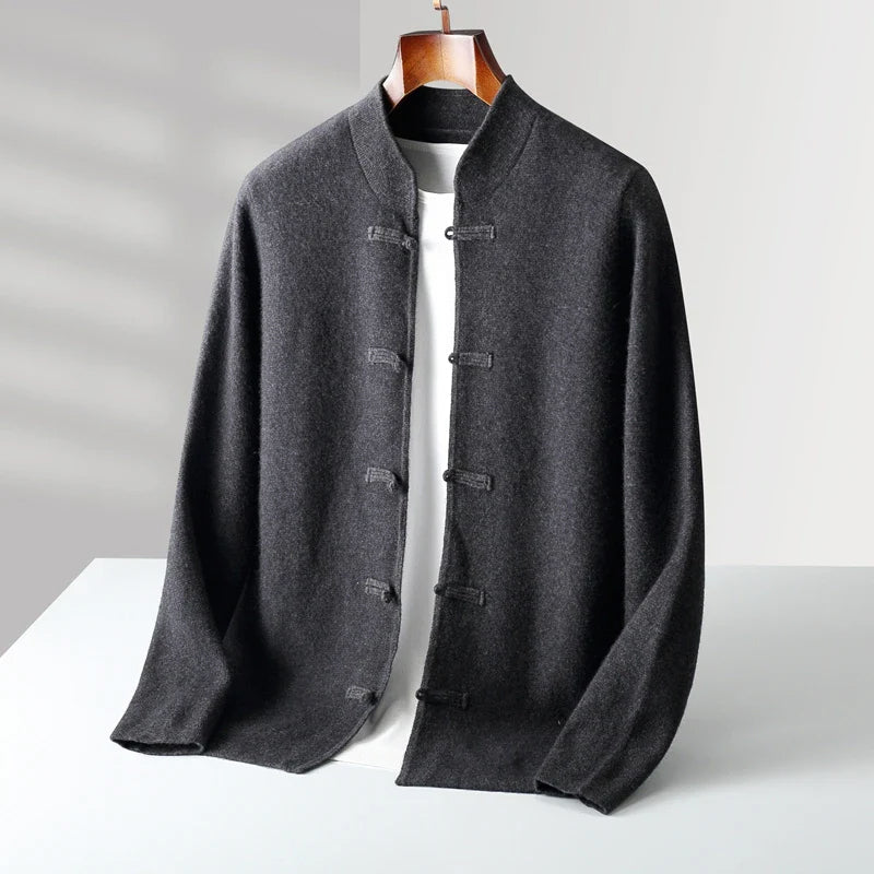 Women's cashmere blend mandarin collar cardigan with loop button closures, soft knit structured fit