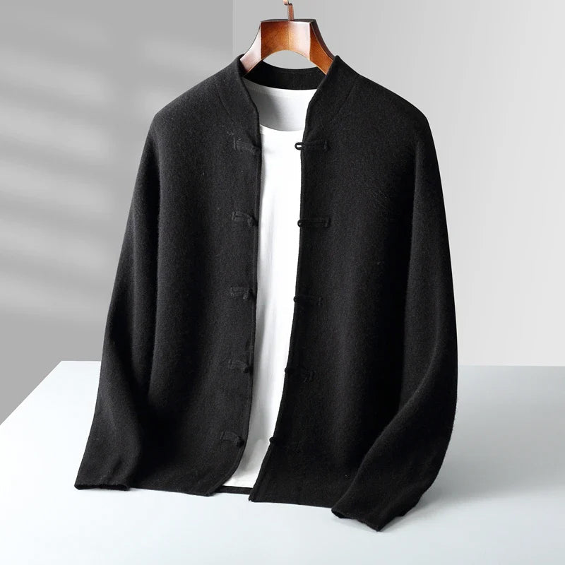 Women's cashmere blend mandarin collar cardigan with loop button closures, soft knit structured fit