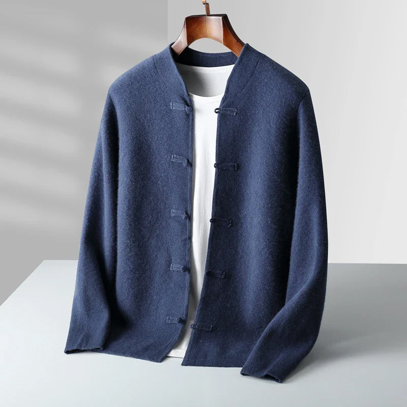 Women's cashmere blend mandarin collar cardigan with loop button closures, soft structured knit