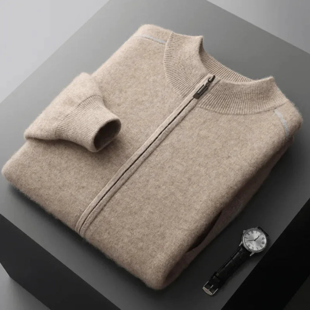 Men's gray cashmere full-zip sweater slim fit with premium breathable blend fabric for layering