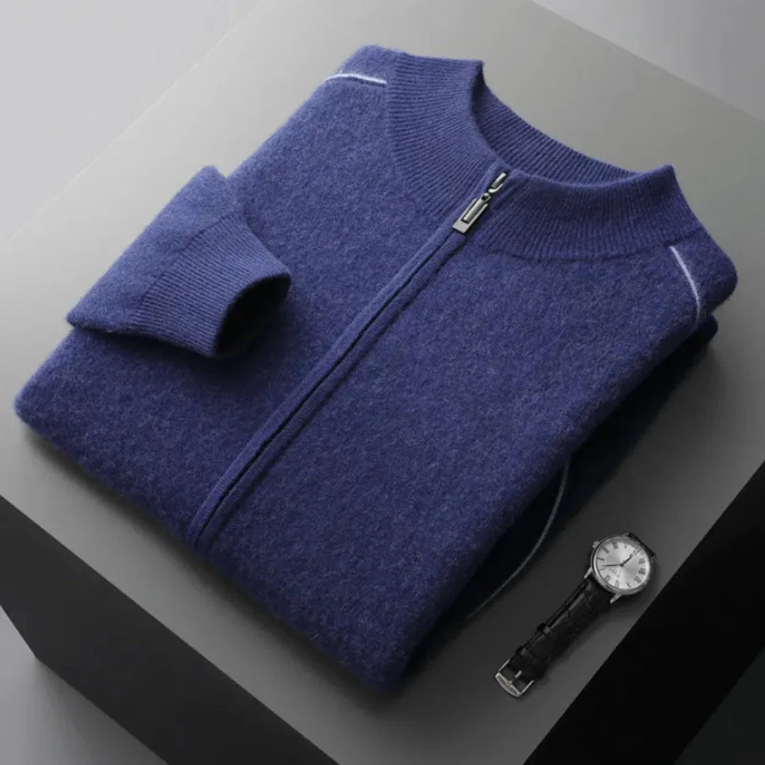 Men's gray cashmere full-zip sweater with clean modern cut and breathable premium blend fabric
