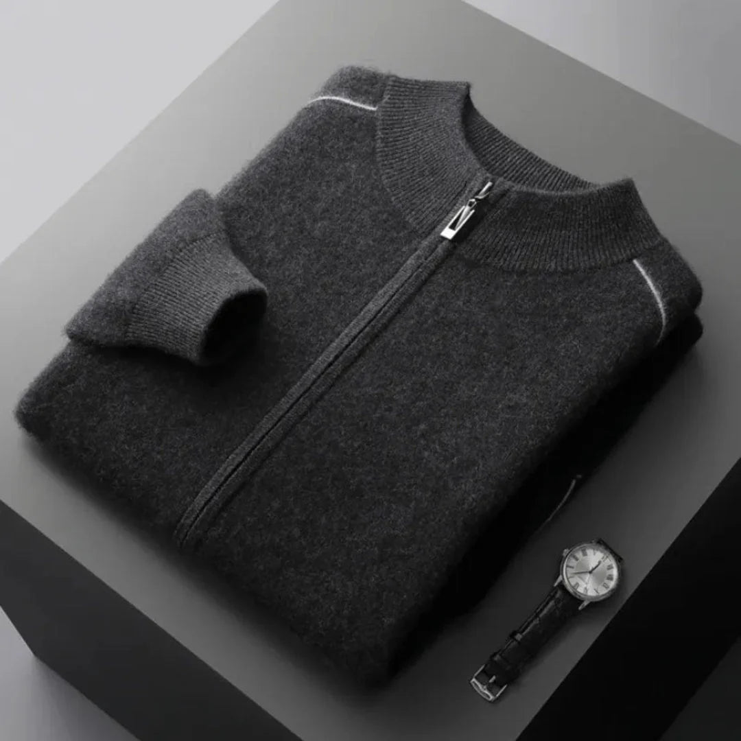 Men's grey cashmere full-zip sweater slim fit with premium breathable blend fabric