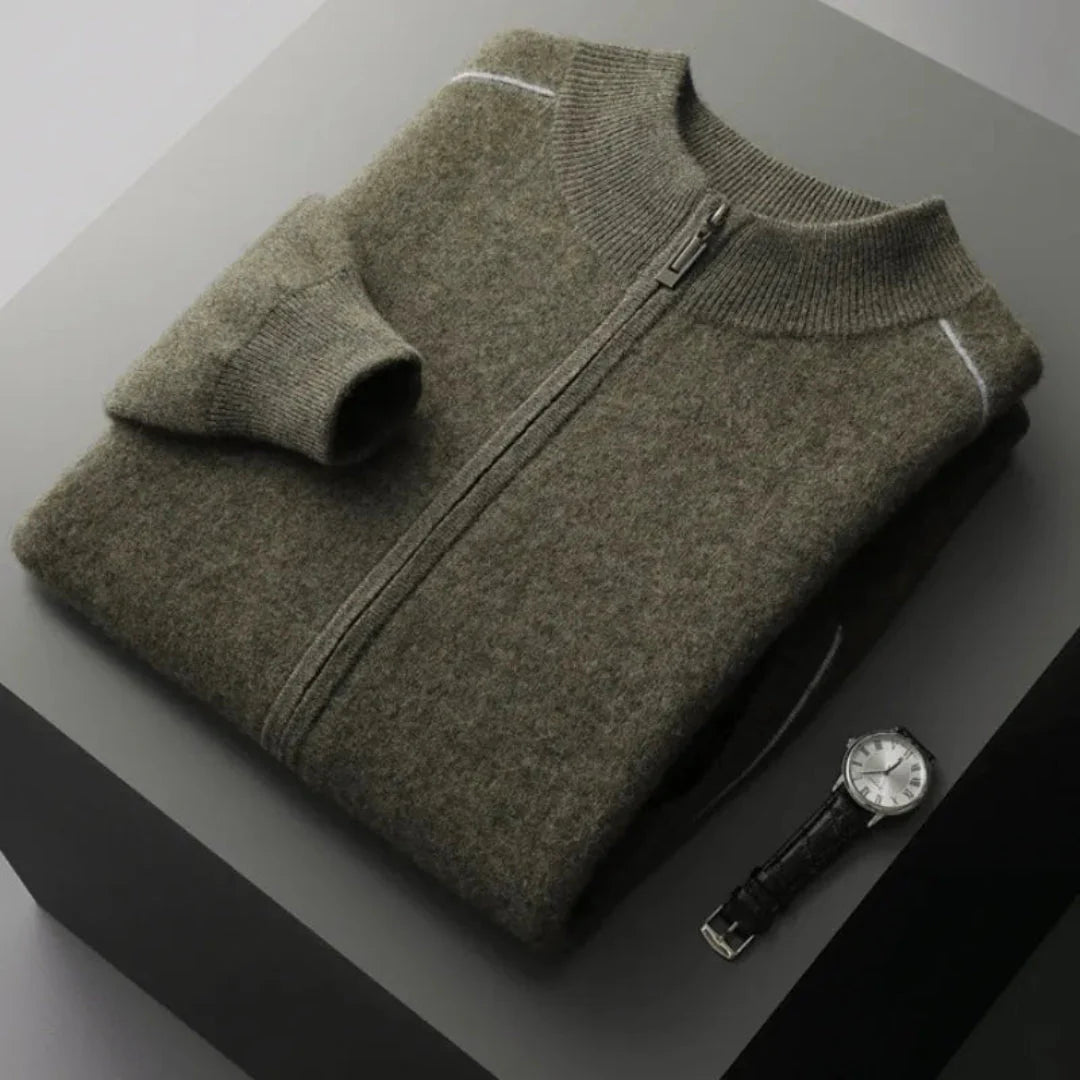 Men's gray cashmere full-zip sweater with clean modern cut and breathable premium blend fabric