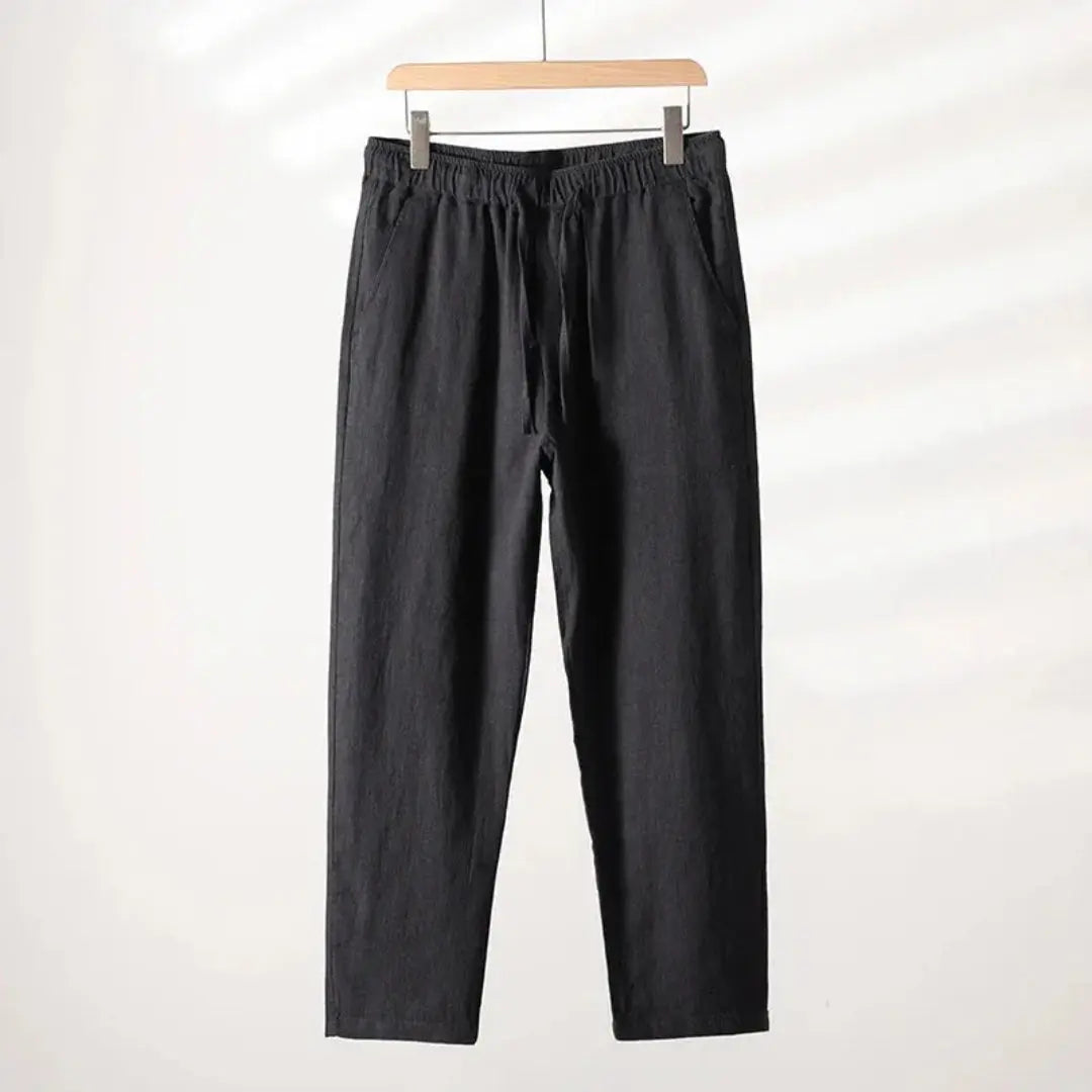 Men's beige linen blend relaxed fit lounge trousers with elastic drawstring waist