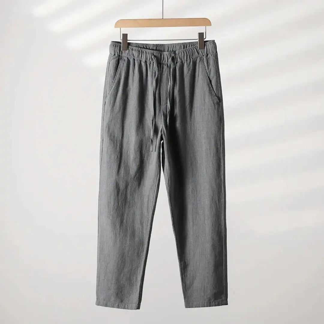 Men's beige linen blend lounge trousers relaxed fit elastic drawstring waistband breathable coastal style