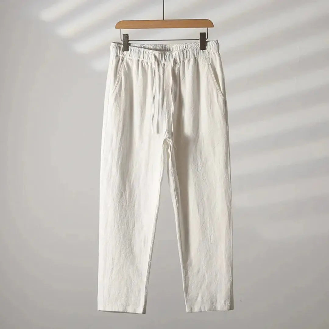 Men's beige linen blend lounge trousers relaxed fit elastic drawstring waist breathable casual pants