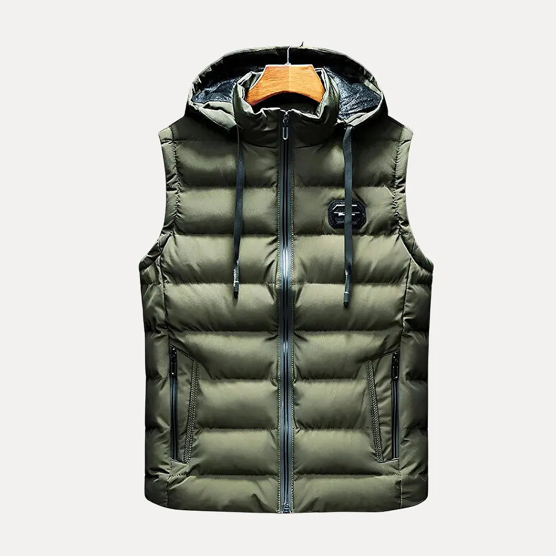 Cassius men's hooded vest neutral tone sleeveless slim fit with built-in hood for versatile layering
