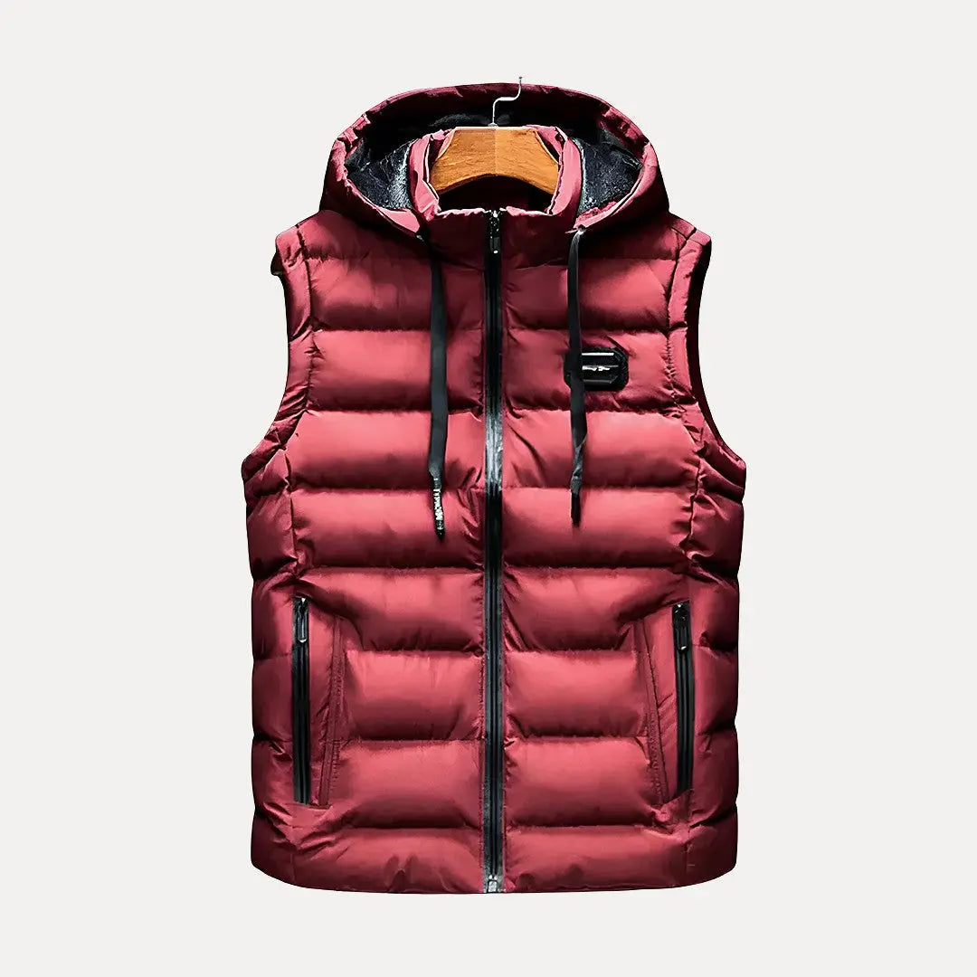 Cassius men's navy hooded vest, sleek slim-fit silhouette with built-in hood for versatile layering