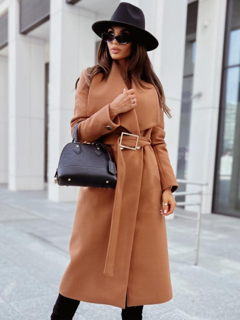 Elegant women's maxi coat A-line silhouette high collar fashion-forward outerwear modern style
