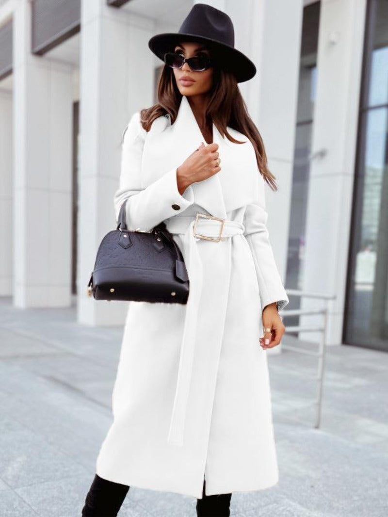 Elegant women's maxi coat A-line silhouette high collar fashion-forward outerwear polished feminine style